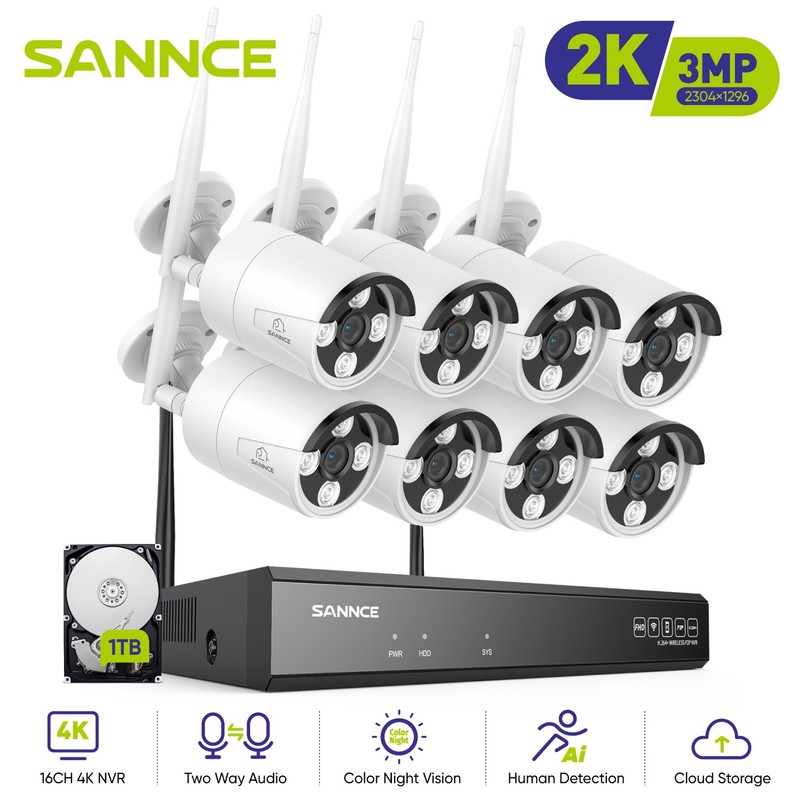 SANNCE 16CH NVR 3MP Wireless AI Security Camera System Two Way Audio Color Night