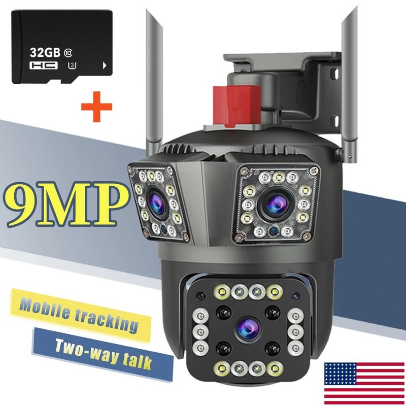 Wireless WiFi Security Cameras Outdoor 360° Pan Tilt 3Lens Surveillance Cam LOT