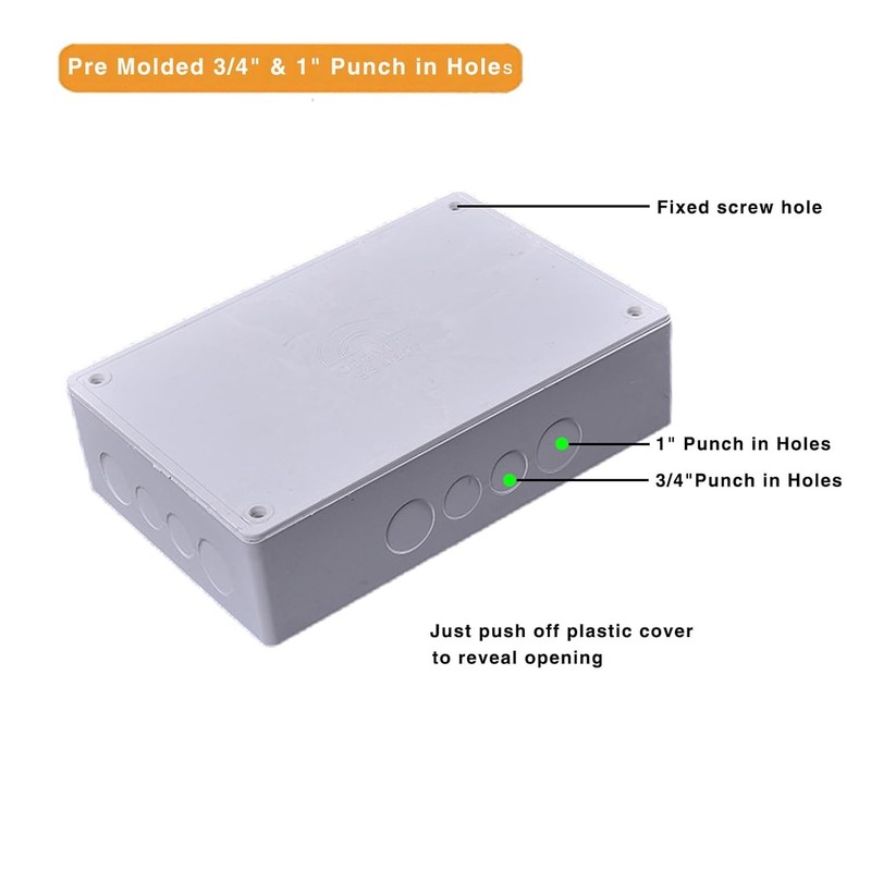 9" x 6" x 3" PVC Plastic Junction Box with Pre Molded 3/4" & 1" Punch white gallery