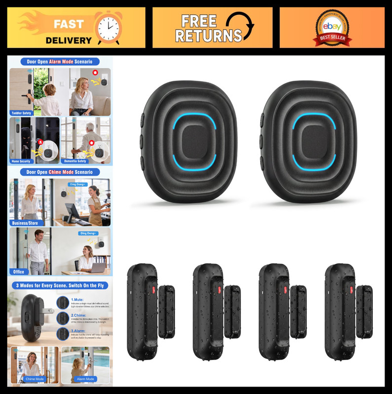 2-in-1 Door Chime Alarm – Waterproof Sensor, 800FT Range, 30 Melodies, Safety Al