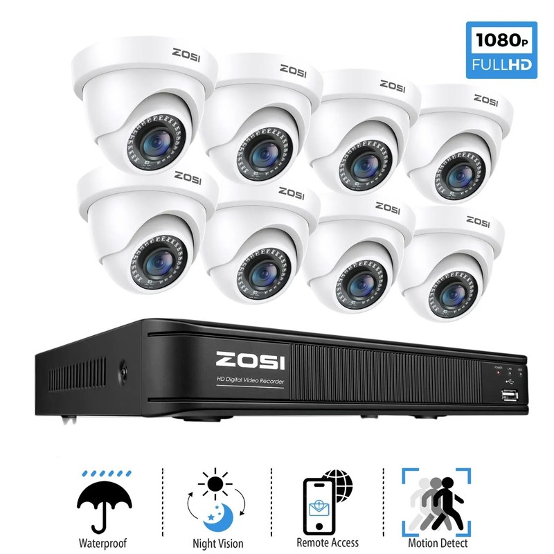 ZOSI H.265+2MP 8CH DVR 1080p Security CCTV Camera System Motion Alerts Outdoor