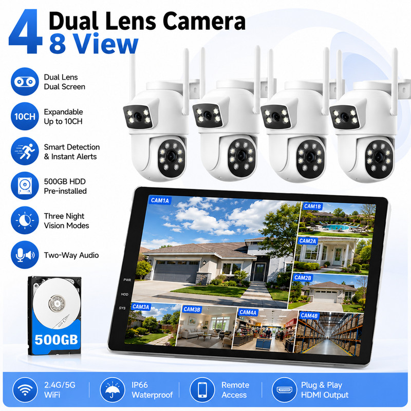 4MP Home Wireless Security Camera System Outdoor 500GB HDD 10CH WiFi NVR Audio