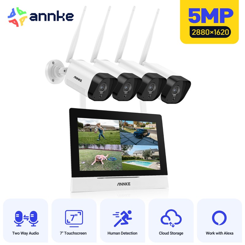 ANNKE HD 5MP Wireless AI Security Camera System 4CH 7″ Monitor Two Way Audio P2P