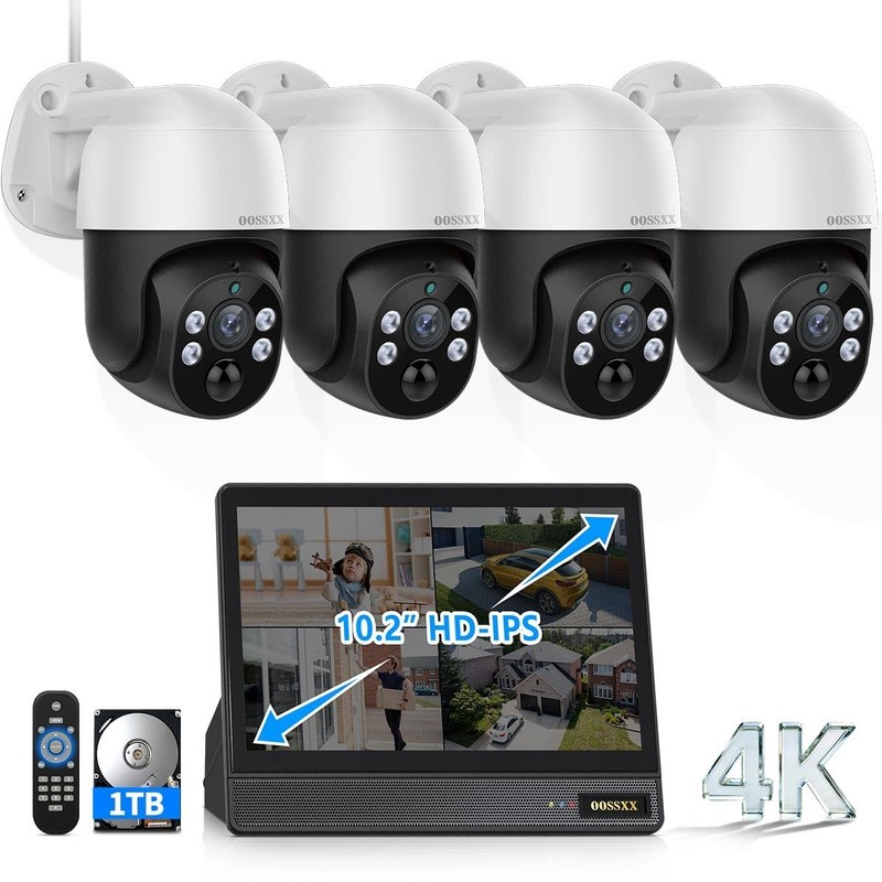 (2026 New) 4K PoE PTZ System with 10.2” Monitor, 8CH NVR, 4 Wired Outdoor Ca…