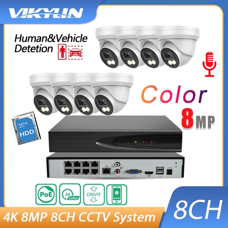 Vikylin 8CH 8POE 4K 8MP Outdoor Security Camera System Color Night Vision Lot