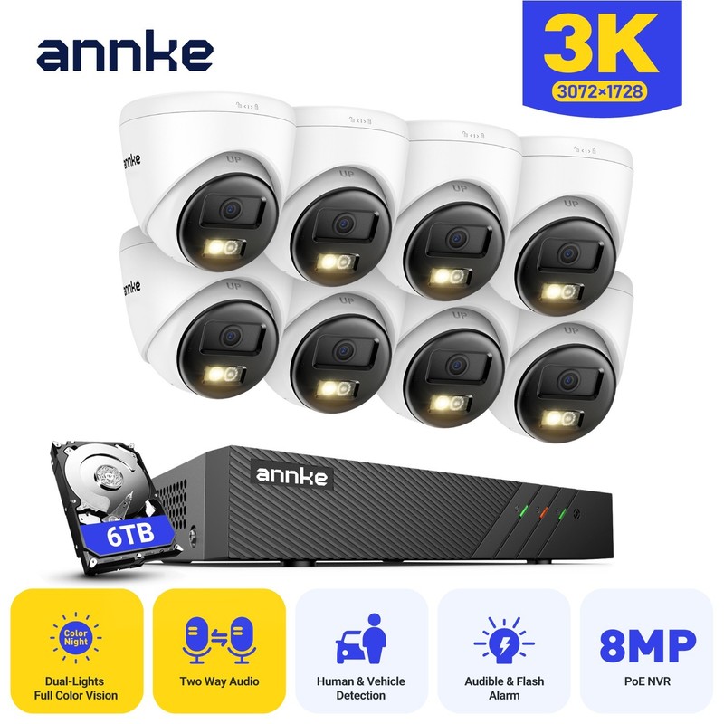 ANNKE 3K POE AI Color Night Security Camera System Two Way Audio 8CH 4K NVR IP67 gallery