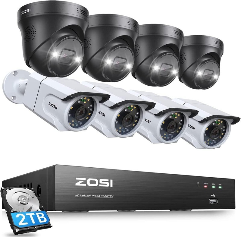 ZOSI 4K 8CH 8MP POE Security Cameras System with 2TB HDD AI Human Detect Audio