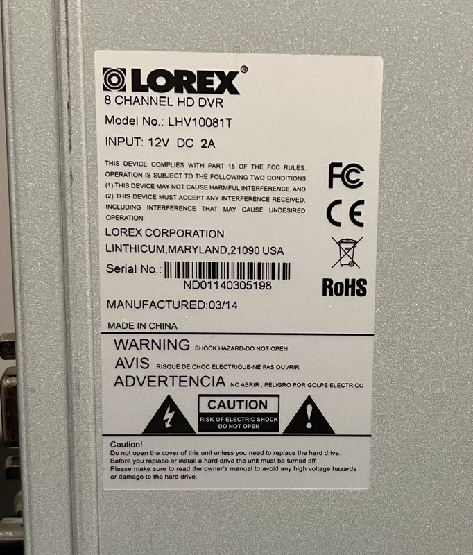 Lorex 8 Channel HD DVR LHV10081T - For Parts ONLY gallery