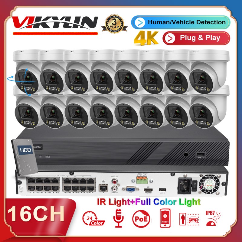 Vikylin 4K 16CH 16 POE CCTV System 8MP 5X Zoom PTZ IP Camera Full Color IR Lot