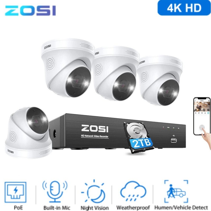ZOSI 4K PoE 8CH 8MP NVR with 2TB HDD Security 5MP IP Camera System Outdoor AI