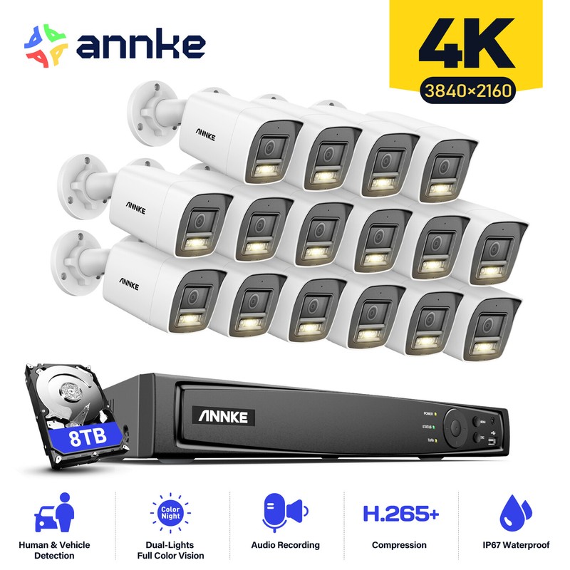 ANNKE H.265+ 12MP 16CH NVR 8MP Audio POE Security IP Camera System Color Night