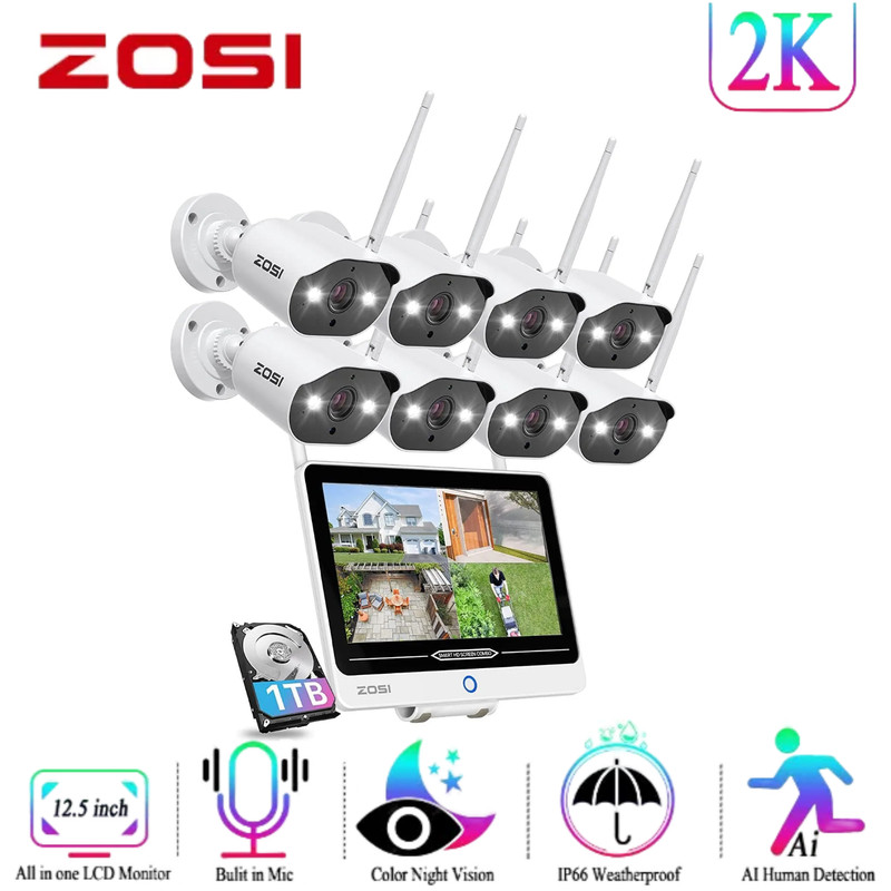 ZOSI 2K All in one Wireless Security Camera System Outdoor IP66 12.5″ LCD 1TB