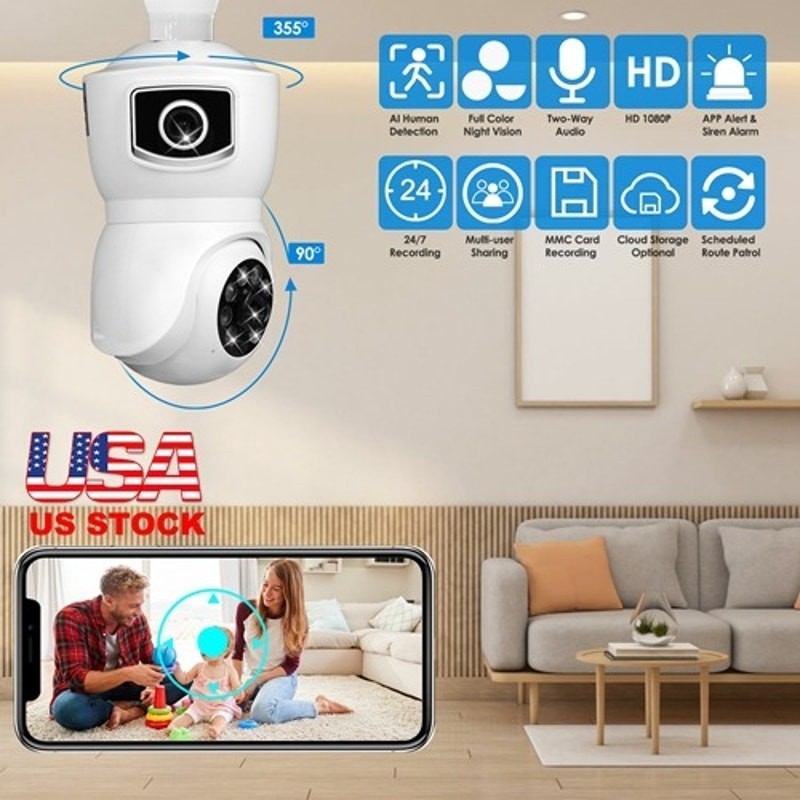 iMountek Dual Lens Security Camera E27 Light Socket Surveillance Camera 1080P gallery