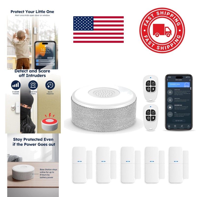 8 Piece Wireless Security System with App Notifications and Alexa Compatibility