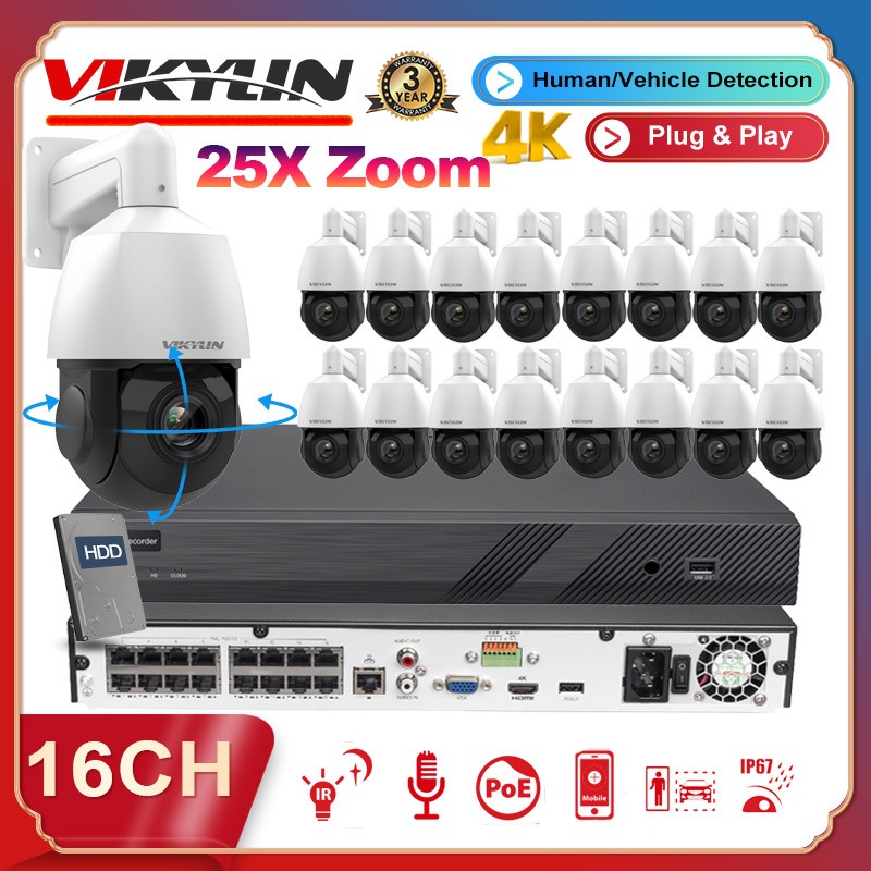 Vikylin 4K 16ch POE NVR CCTV System 8MP 25X PTZ 360° Camera IR Auto Tracking Lot