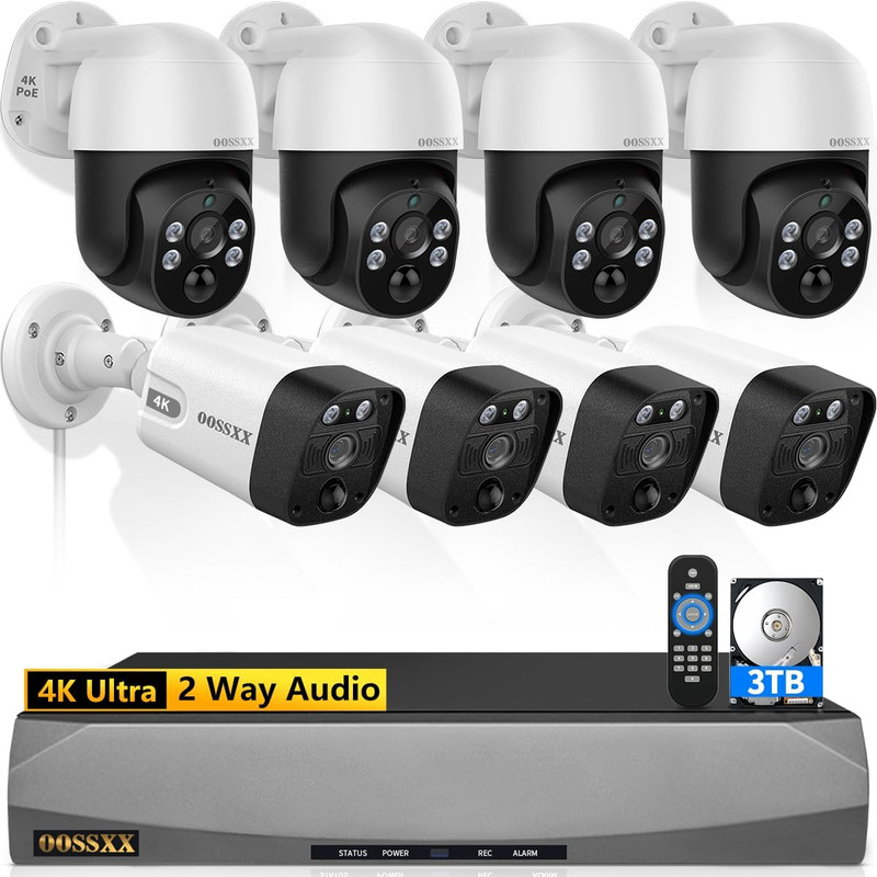 (2026 New) 4K PoE PTZ Security Camera System, 8CH NVR with 3TB HDD, 4 Bullet & 4