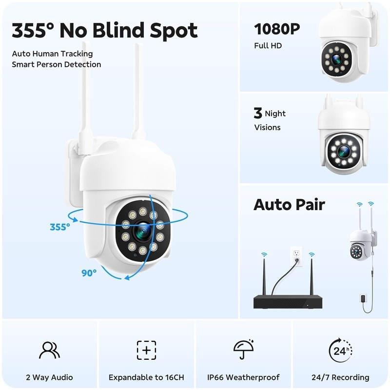 8Pcs PTZ Cameras Wireless CCTV Security Camera System WiFi 16CH 4K NVR Audio US gallery