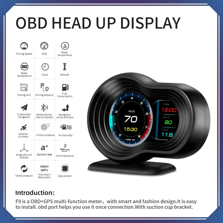 F9 OBD2 + GPS Mode Car HUD Head-up Display Speed / Water Temperature / Voltage D gallery