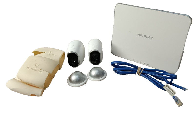 Netgear Arlo VMB3000 Base Station w/ 2 Cameras VMC3030 Magnetic Stands 3 Covers