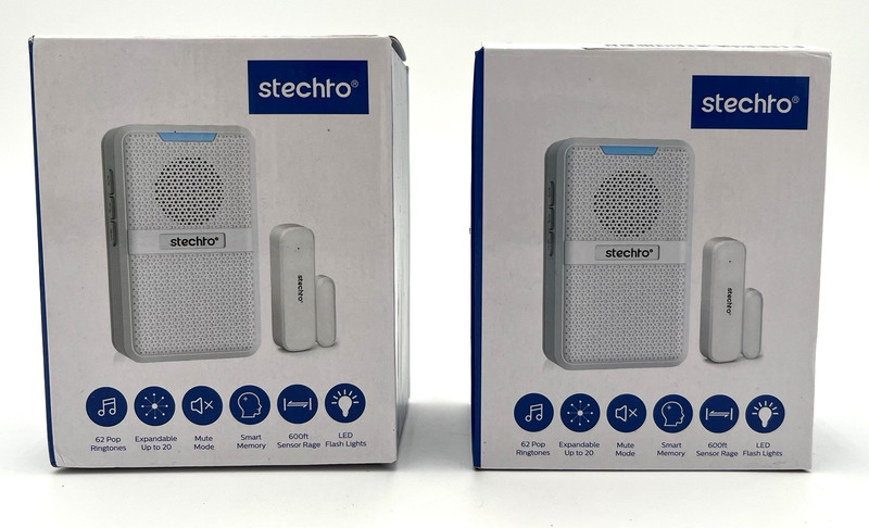 Lot of 2 - Stechro Wireless Door/Alarm Chimes - 600' Range/62 Tones - White -NEW gallery