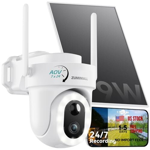 24/7 Recording Solar Security Cameras Wireless Outdoor, 9W 2.4GHz WiFi-1-Pack