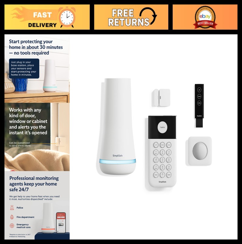 Wireless Home Security System – 5 Piece Kit, 24/7 Monitoring, Alexa & Google Com
