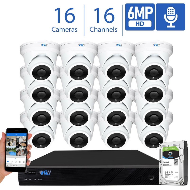 16CH NVR 16 X 6MP PoE IP 3.6mm Lens Microphone Turret Security Camera System 4TB