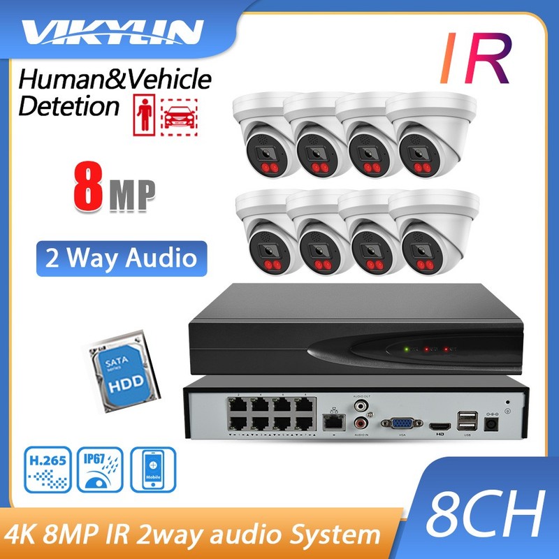 Vikylin 4K 8MP 8CH 8POE IR IP Camera POE 2-Way Audio CCTV Security System US Lot