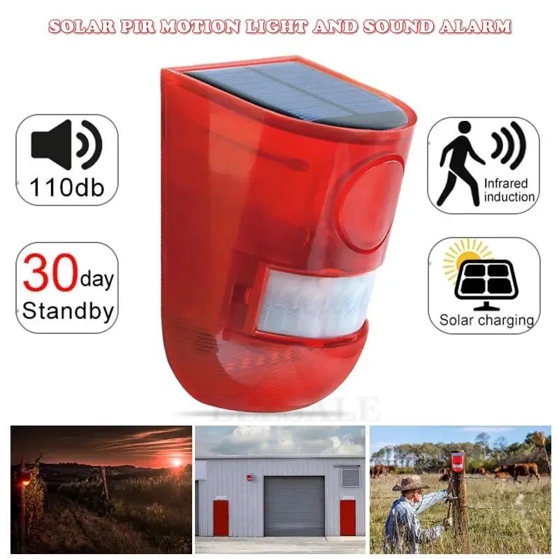 Solar Alarm LED Light Solar Strobe Light Wireless Motion Sensor Detector Outdoor