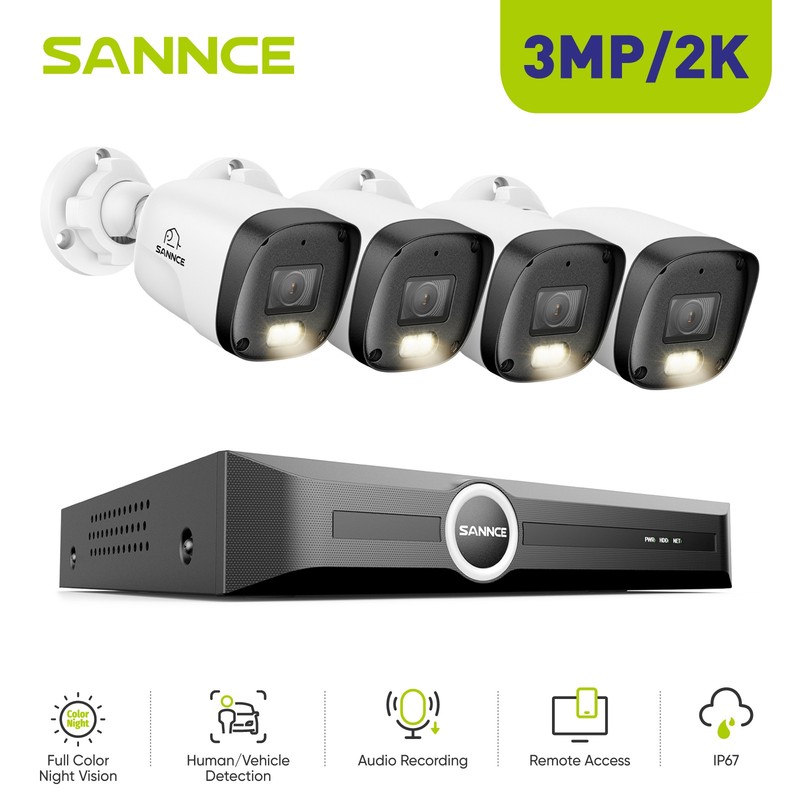 SANNCE 8CH NVR 3MP Audio PoE IP Security Camera System Color Night AI Detection