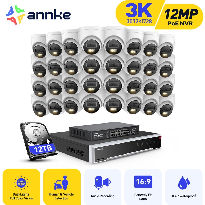ANNKE 32CH 12MP NVR 3K Audio POE Security IP Camera System Color Night Vision AI