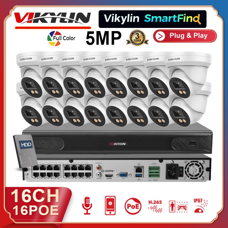 Vikylin SmartFind 16ch CCTV System 5MP IP Camera Full Color 4K 16 POE NVR Lot