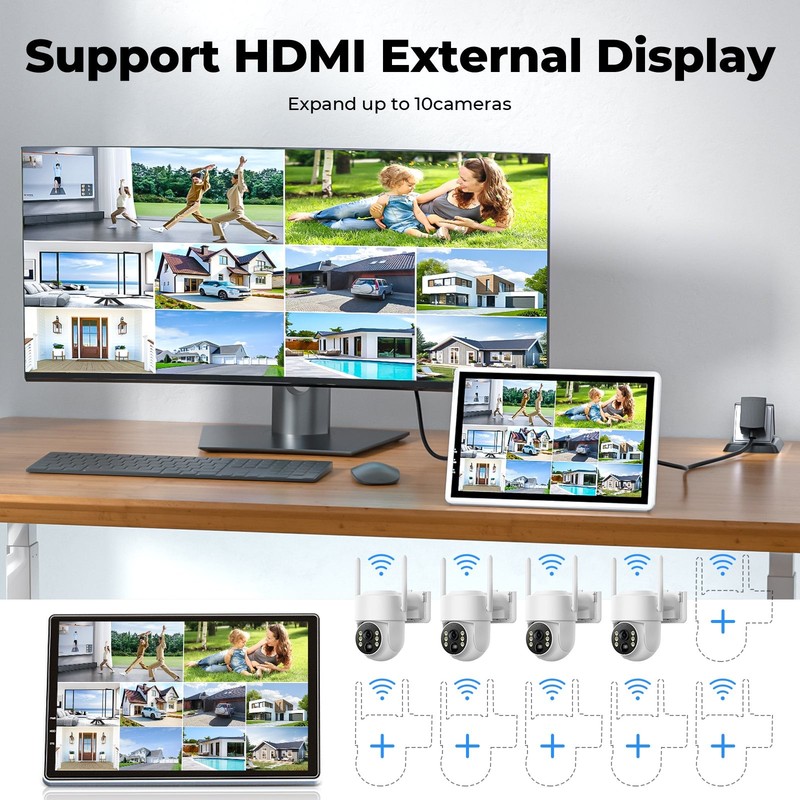 Solar Wireless Security Camera System 10" Monitor 4MP PT WiFi CCTV 2/4/8 Cam Kit gallery