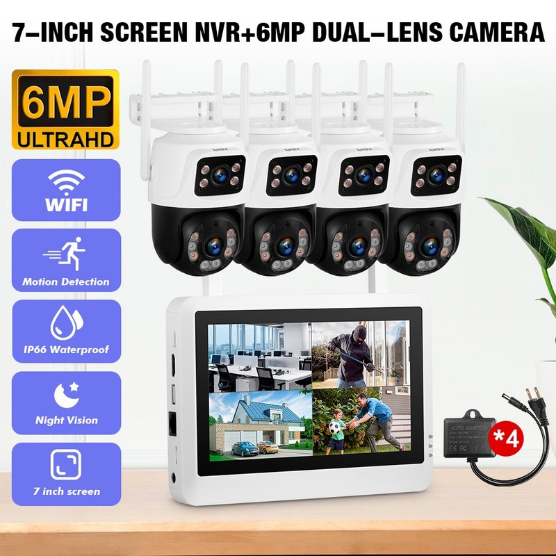 7” Monitor NVR 6MP Wireless Home Security Camera System Solar Wifi IP Cameras