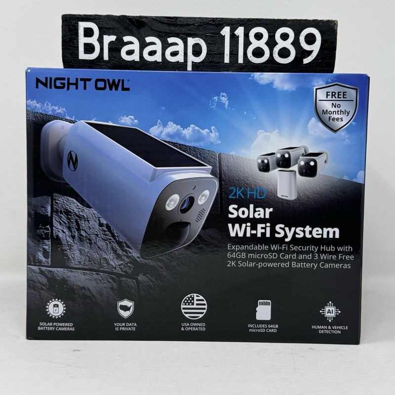Night Owl 8-Channel 2K 64GB Hub Recorder Security System 3 Battery Solar Cameras