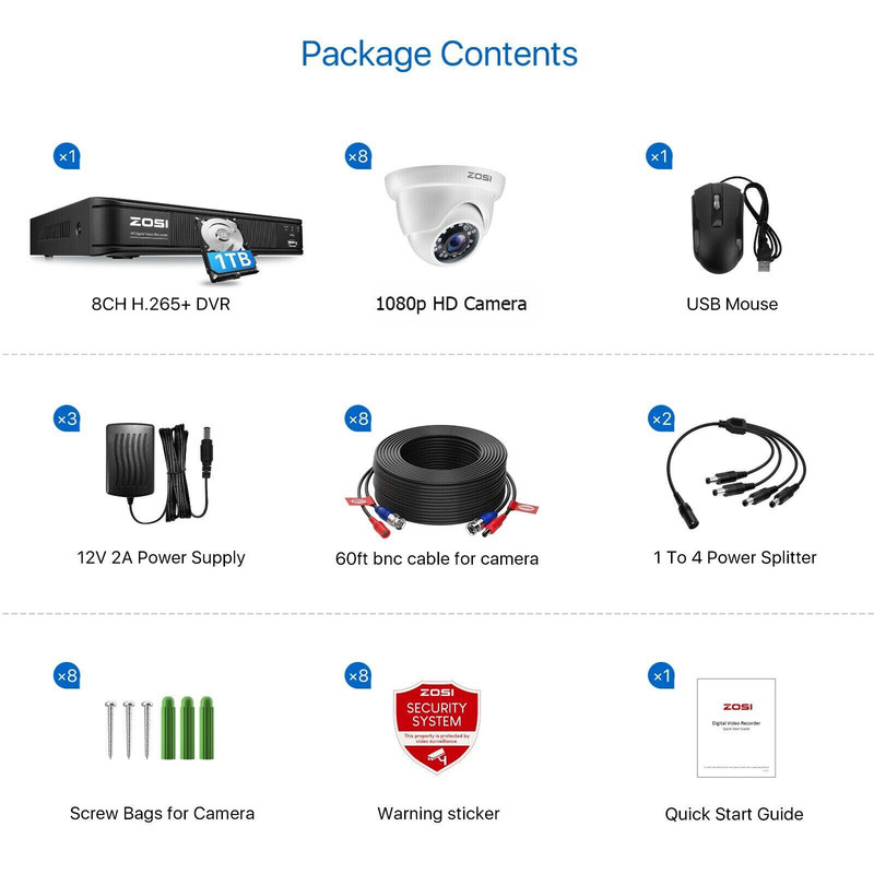 ZOSI 1TB 8CH 1080P DVR 1500TVL Outdoor IR LEDs Dome CCTV Security Camera System gallery