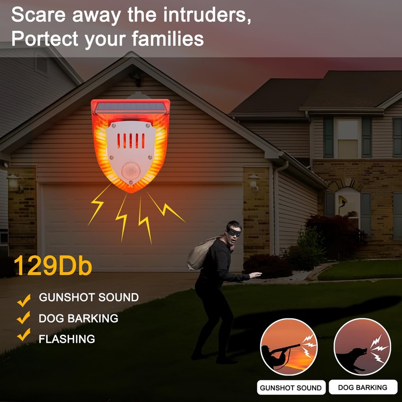 Solar Outdoor Motion Sensor Alarm: 129db Dog Barking & Gunshot Sound,Loud Mot... gallery