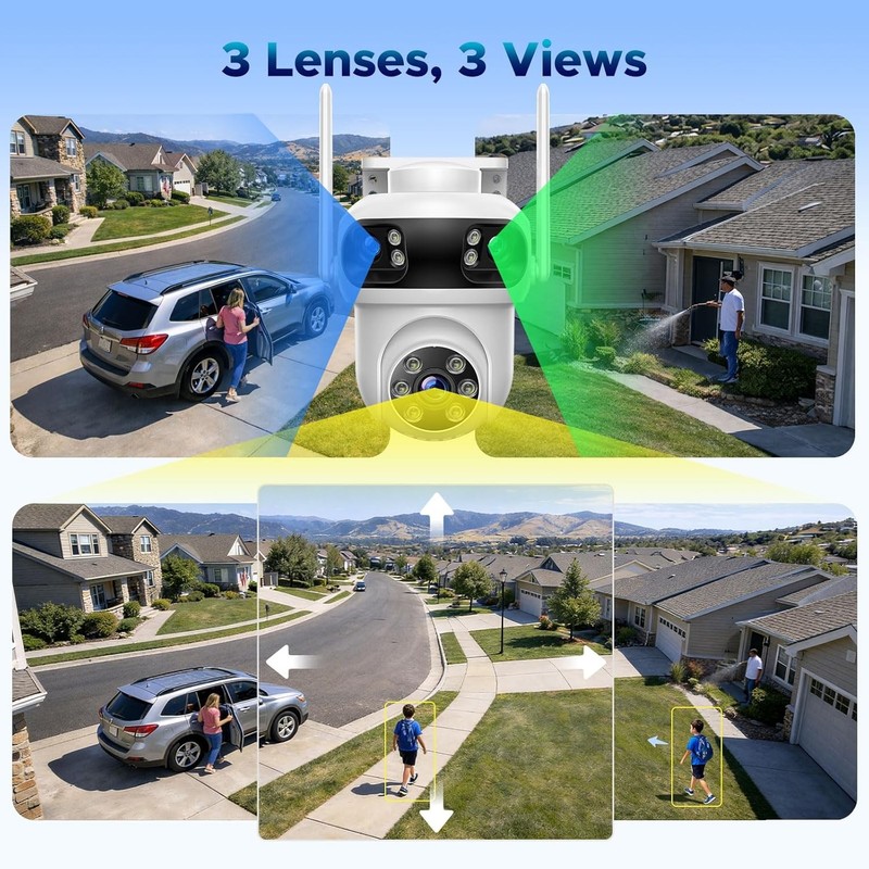 Wireless Security Camera System 3K 10CH NVR 2Way Audio Recording Triple Lens Cam gallery