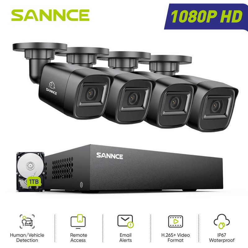 SANNCE 8CH DVR 1TB 1080P CCTV Security Camera System Human Detction H.265+ IP67