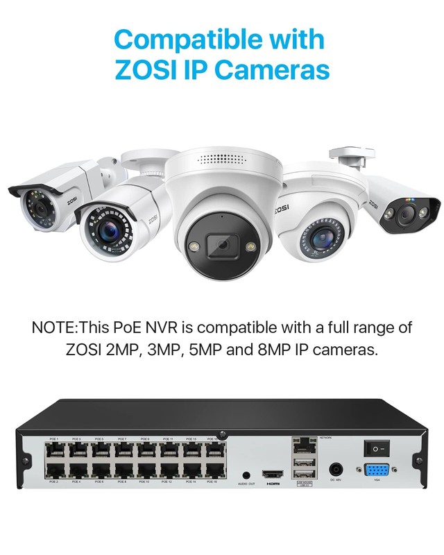 ZOSI 16CH 4K PoE Security Camera System H.265+ 16 Channel 5MP AI IP Cameras Dome gallery