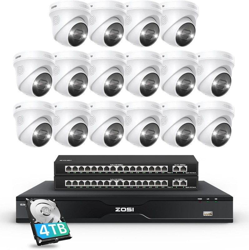 ZOSI 32Ch 4K PoE Security Camera System AI Detect 16 x 8MP Camera NVR with 4TB