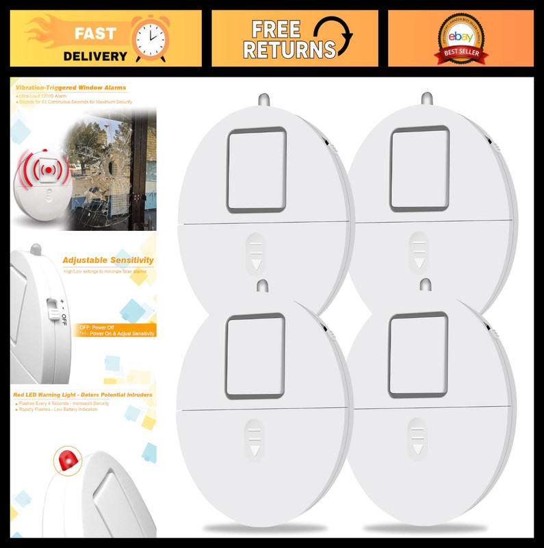 4-Pack Window Security Alarms – 120dB Loud Vibration Sensors for Glass Break Det