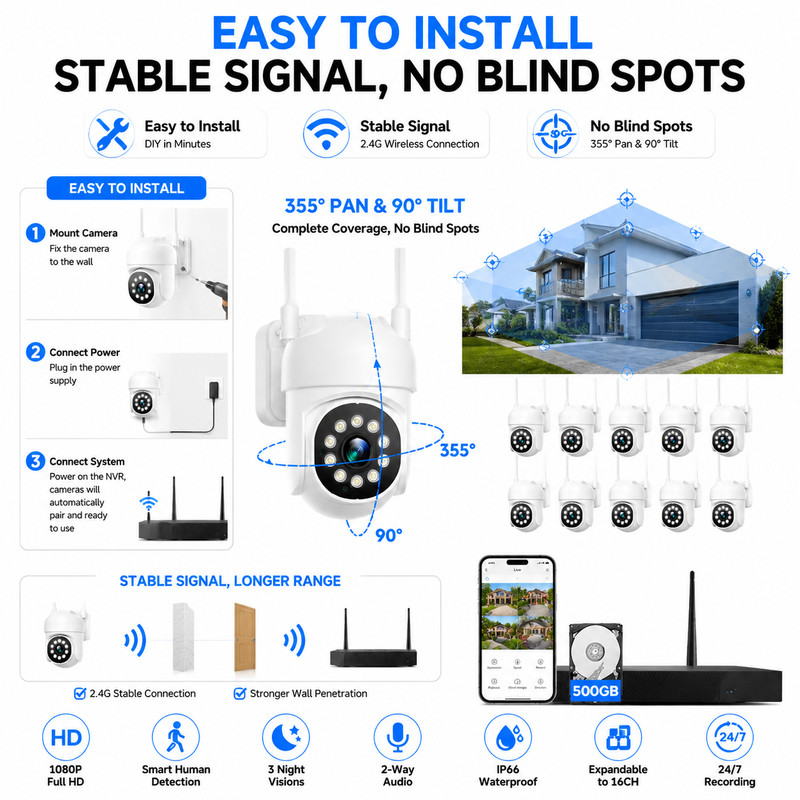 Wireless CCTV Security Camera Systems 16CH 4K NVR 8pcs Outdoor PTZ Cameras Audio gallery