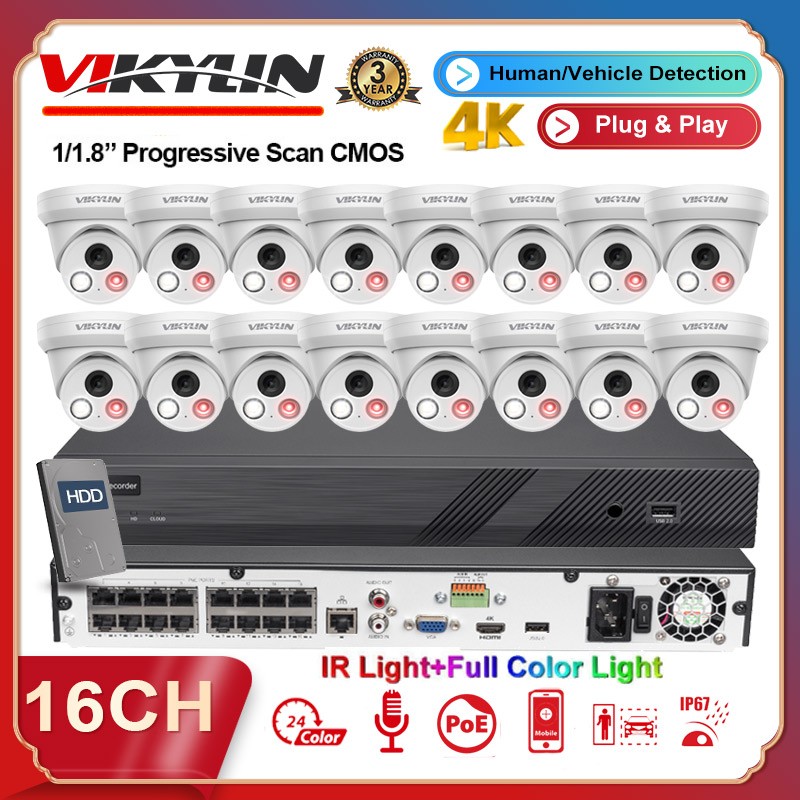 Vikylin 4K 16CH 16POE NVR CCTV System 8MP Camera Outdoor Full Color+IR Audio Lot