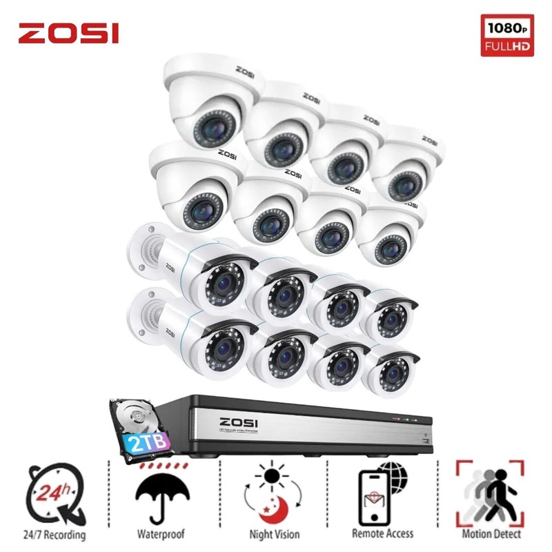 ZOSI 16CH 1080p Outdoor Home CCTV Security Camera System 5MP H.265+DVR 2TB HDD