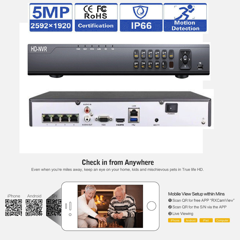 4CH H.265 NVR 2592x1920P 5MP PoE 48IR CCTV IP IP66 ONVIF Security Camear 2TB H1 gallery