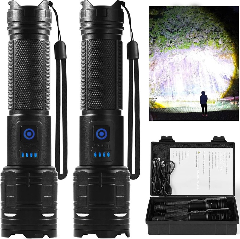 2 Pack Rechargeable LED Flashlight 90000 High Lumen Super Bright Handheld Tactic