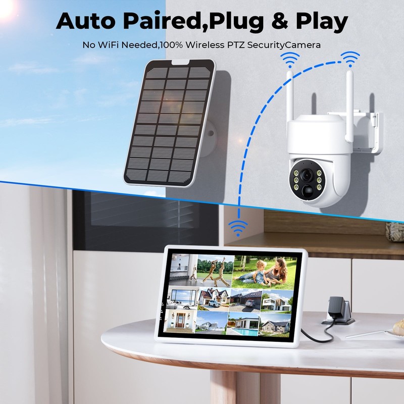 Solar Wireless Security Camera System 10" Monitor 4MP PT WiFi CCTV 2/4/8 Cam Kit gallery