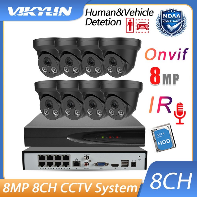 Vikylin 4K 8MP 8CH 8POE NVR IRI P Camera MIC Security System Indoor Black Lot