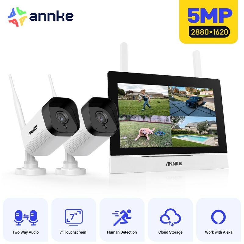ANNKE Wireless 4CH 7″ Monitor NVR HD 5MP AI Security Camera System Two-Way Audio